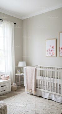 Bright Nursery Room with Baby Crib and Pink Floral Wall Art