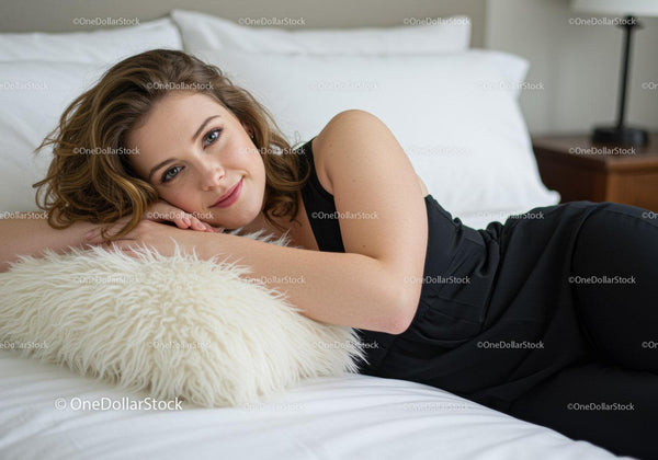 Young woman relaxing on bed with cozy pillow