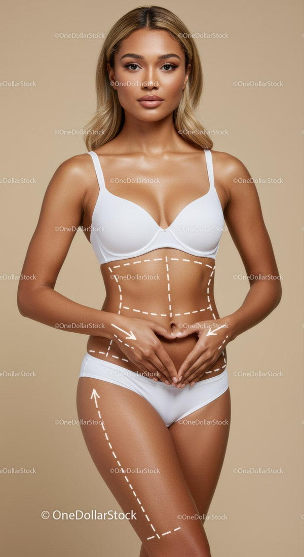 Beautiful Woman in White Swimsuit with Markings on Smooth Skin