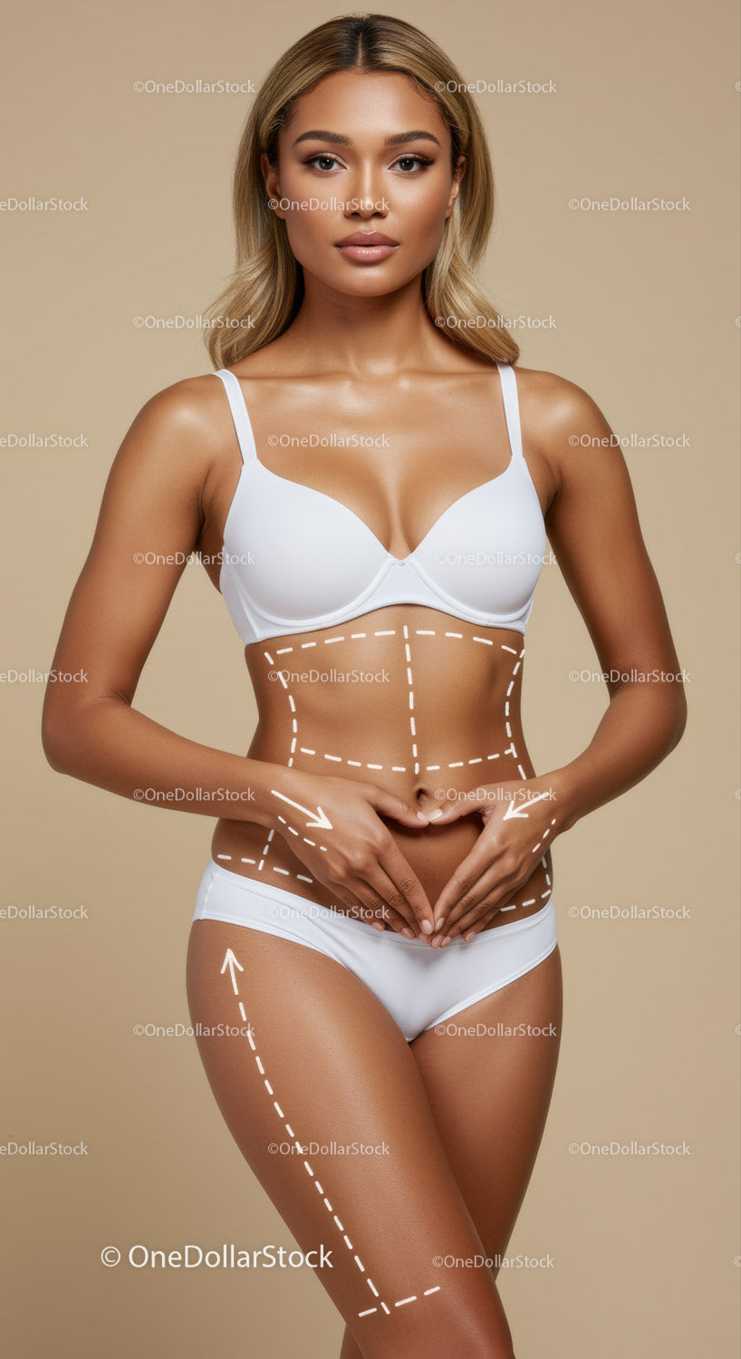 Beautiful Woman in White Swimsuit with Markings on Smooth Skin