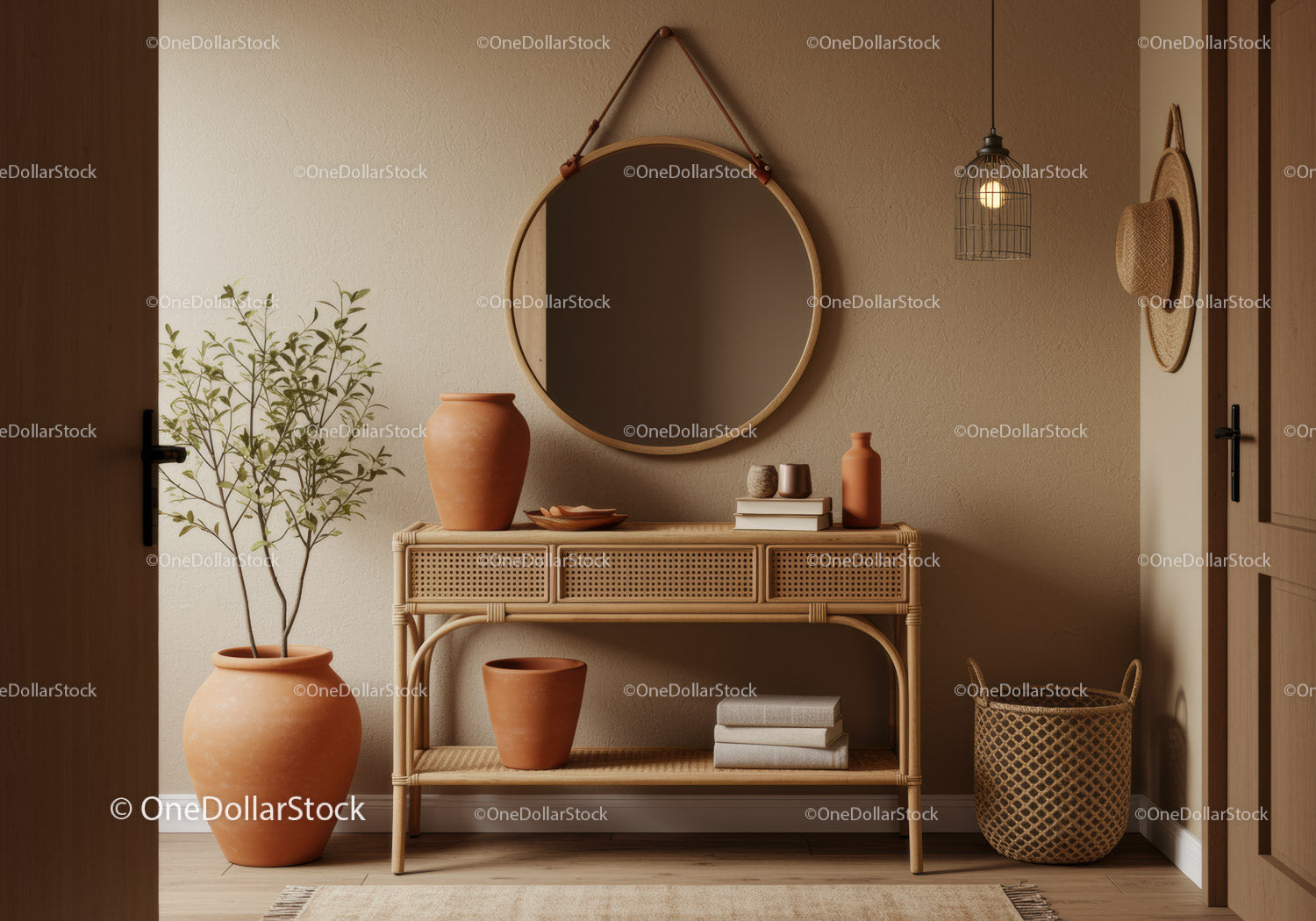 Przytulny przedpokój w stylu boho z konsolą rattanową i doniczkami z terakoty