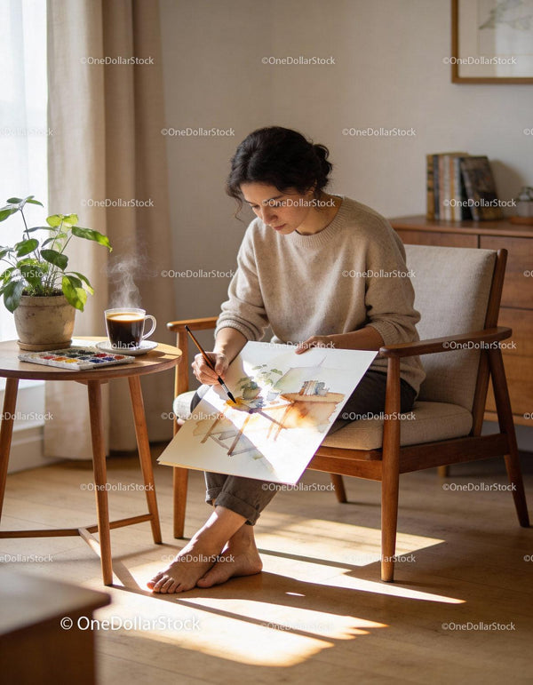 Young woman painting watercolor art in cozy home