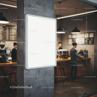 Blank vertical signboard in modern coffee shop interior