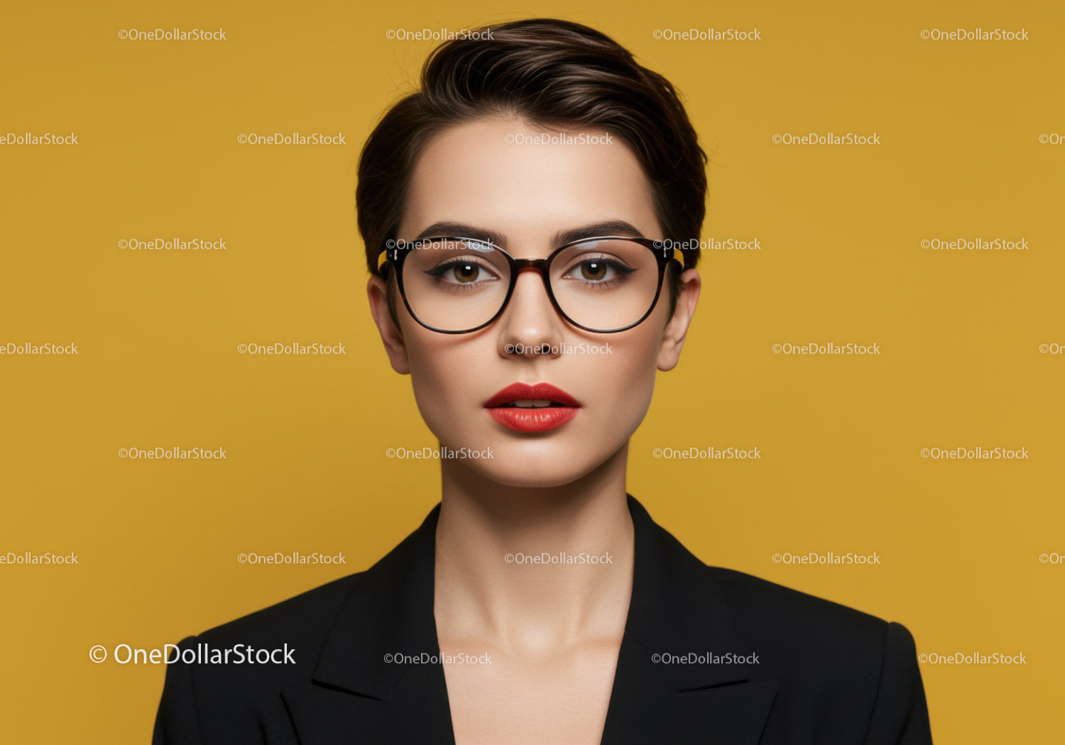 Elegant Woman with Short Hair and Glasses in Studio Portrait