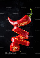 Floating Slices of Fresh Red Chili Pepper on Black