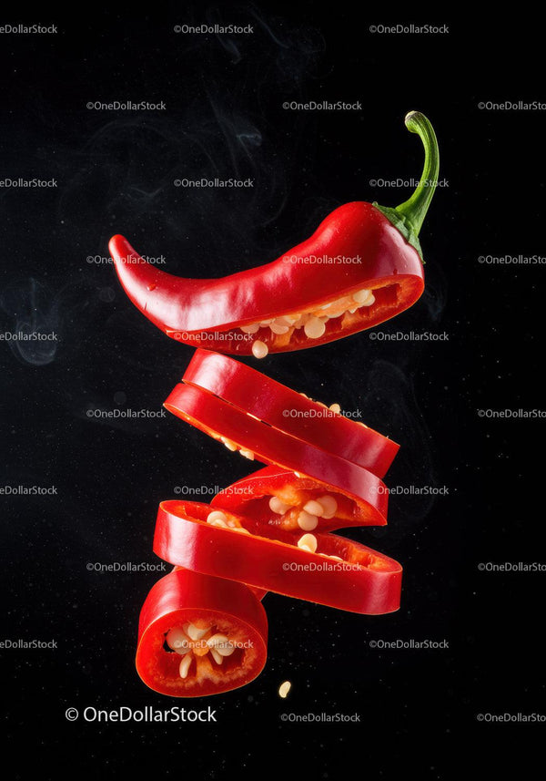 Floating Slices of Fresh Red Chili Pepper on Black
