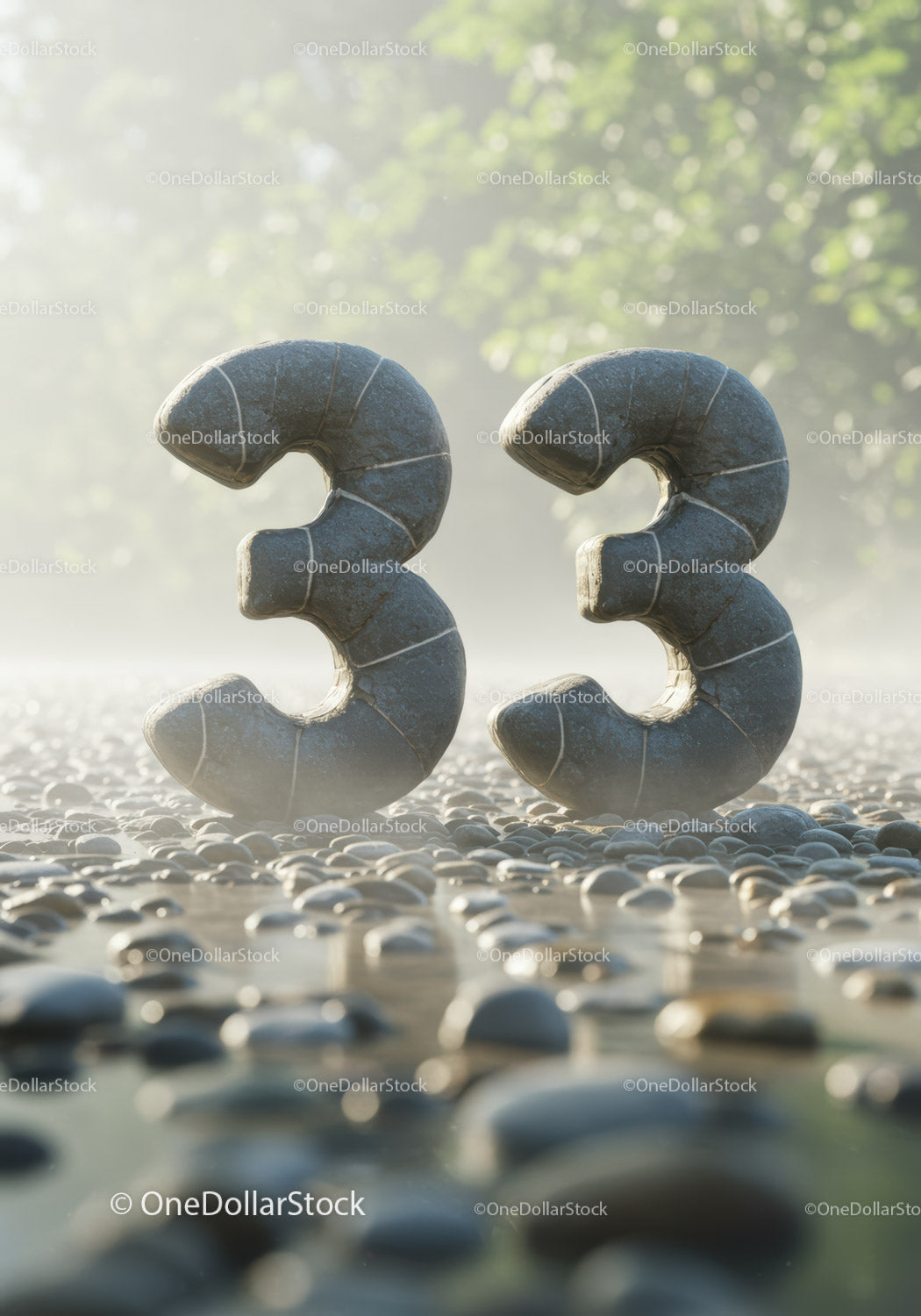 Numer 33 wyrzeźbiony w kamieniu na kamienistym podłożu