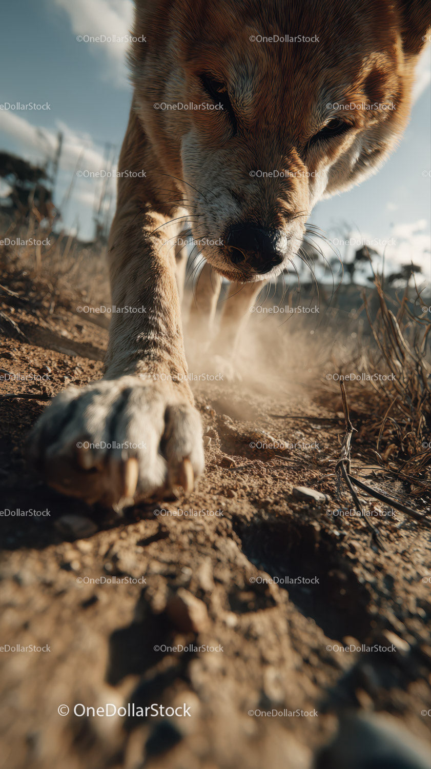 Active Dog Walking on Dirt Trail in Rustic Landscape