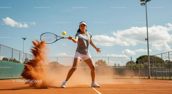 Female Tennis Player Hitting Ball on Clay Court During Practice