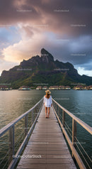 Tropical Mountain Overwater Bungalow Scene with Woman Walking on Dock