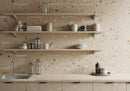 Modern Kitchen Shelves with Ceramic and Glassware on Terrazzo Wall
