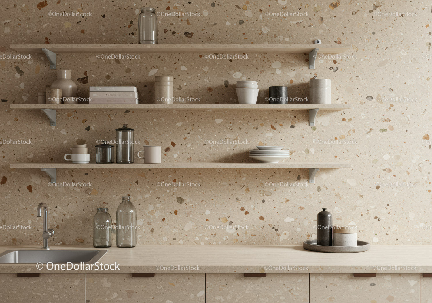 Modern Kitchen Shelves with Ceramic and Glassware on Terrazzo Wall