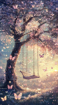 Enchanting Cherry Blossom Tree with Swing and Butterflies in Sunset