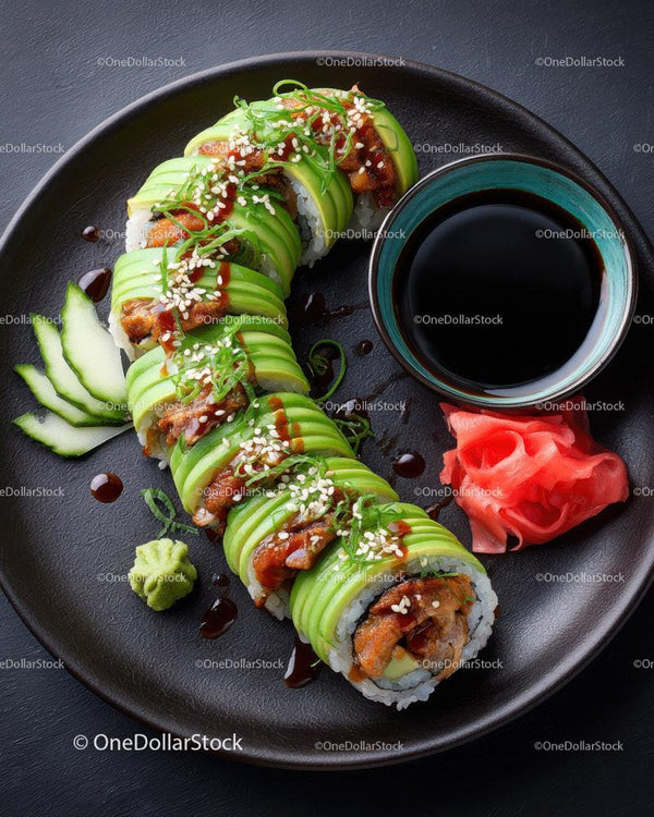 Fresh Sushi Roll with Avocado and Eel on Black Plate
