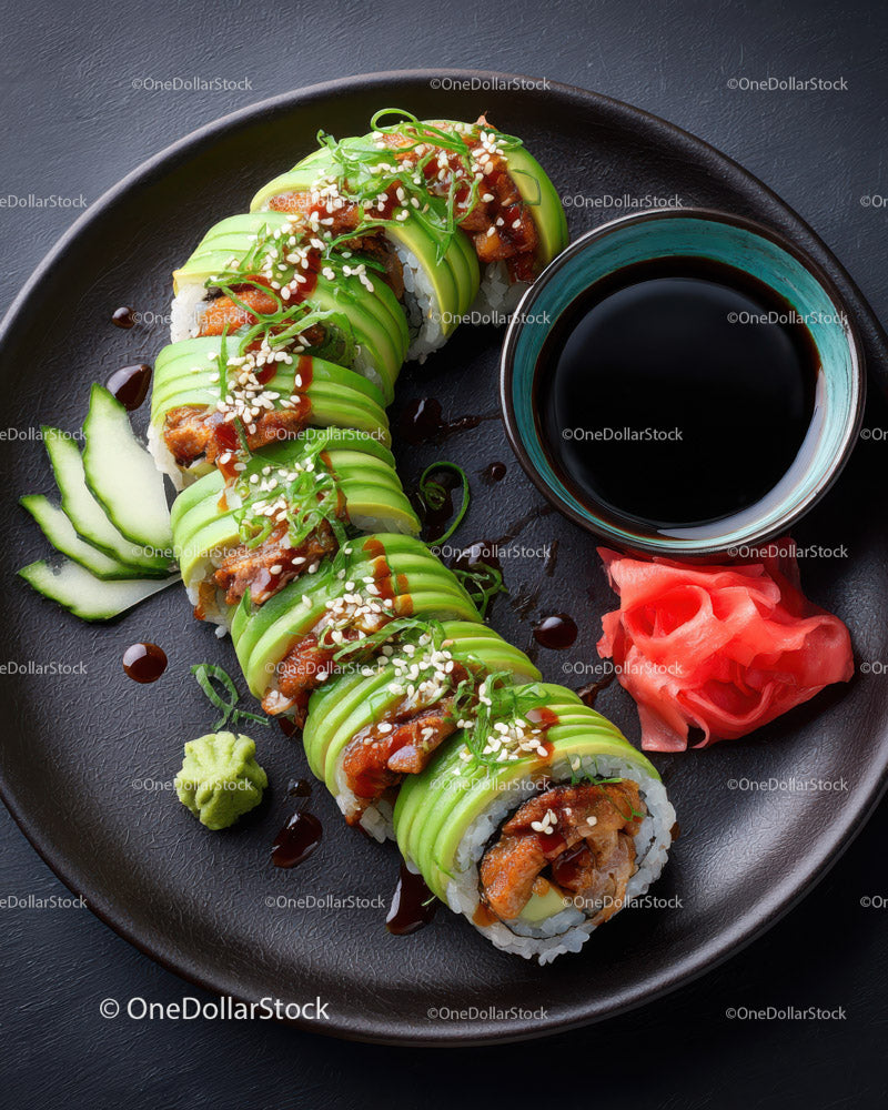 Fresh Sushi Roll with Avocado and Eel on Black Plate