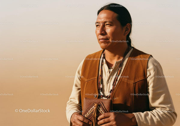 Native American Man in Traditional Attire Standing in Desert at Sunset