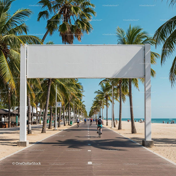 Cyclists Riding Along Palm-Lined Beach Boardwalk JPG Mockup Image