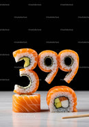 Creative sushi rolls shaped as number three hundred ninety nine