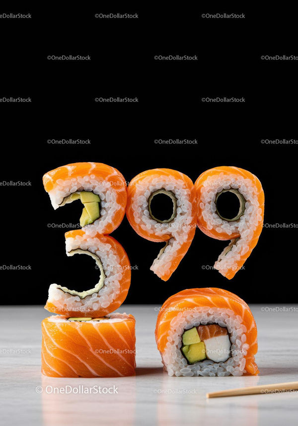 Creative sushi rolls shaped as number three hundred ninety nine