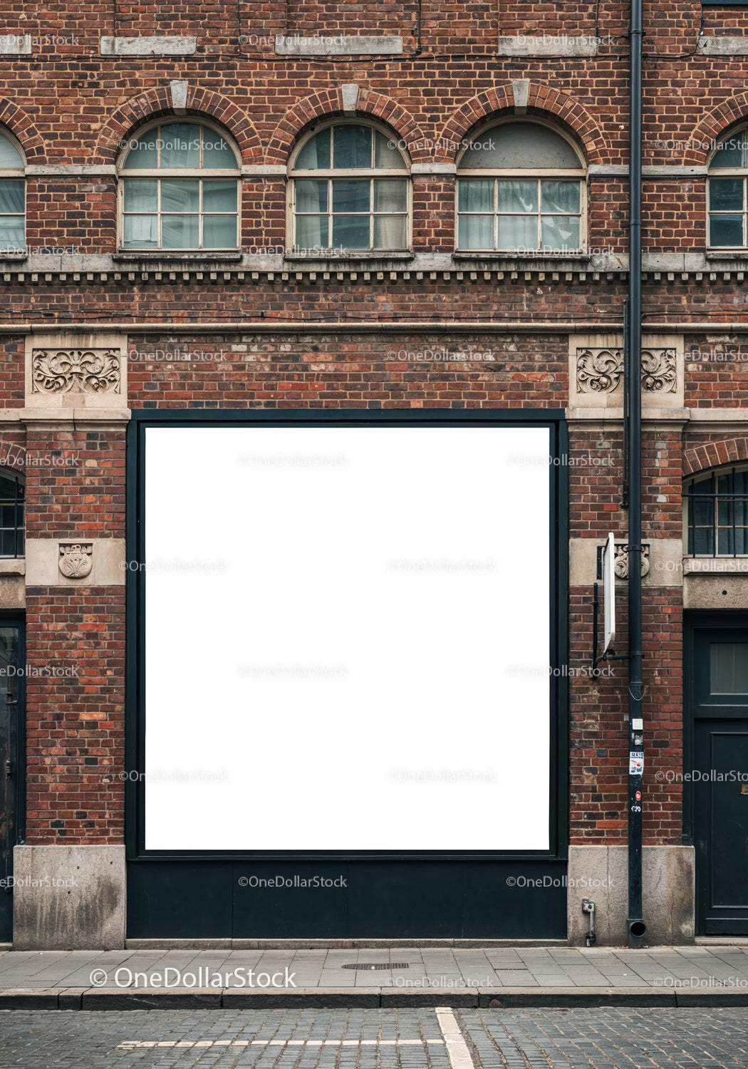 Empty billboard on vintage brick wall facade