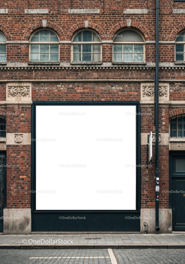 Empty billboard on vintage brick wall facade JPG Mockup Image