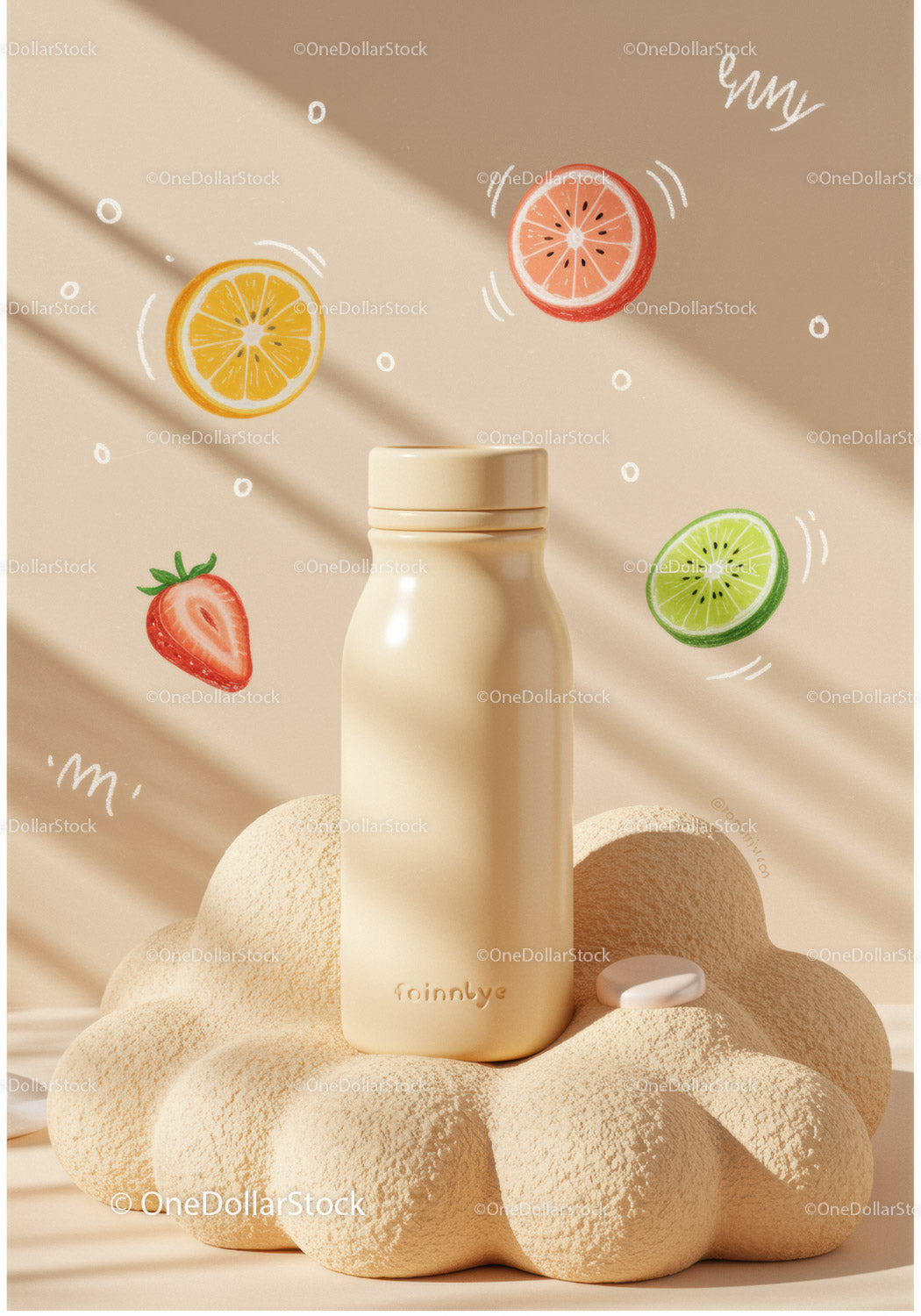 Minimalist Bottle on Textured Surface with Fruit Illustrations