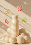 Minimalist Bottle on Textured Surface with Fruit Illustrations