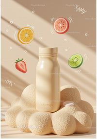 Minimalist Bottle on Textured Surface with Fruit Illustrations