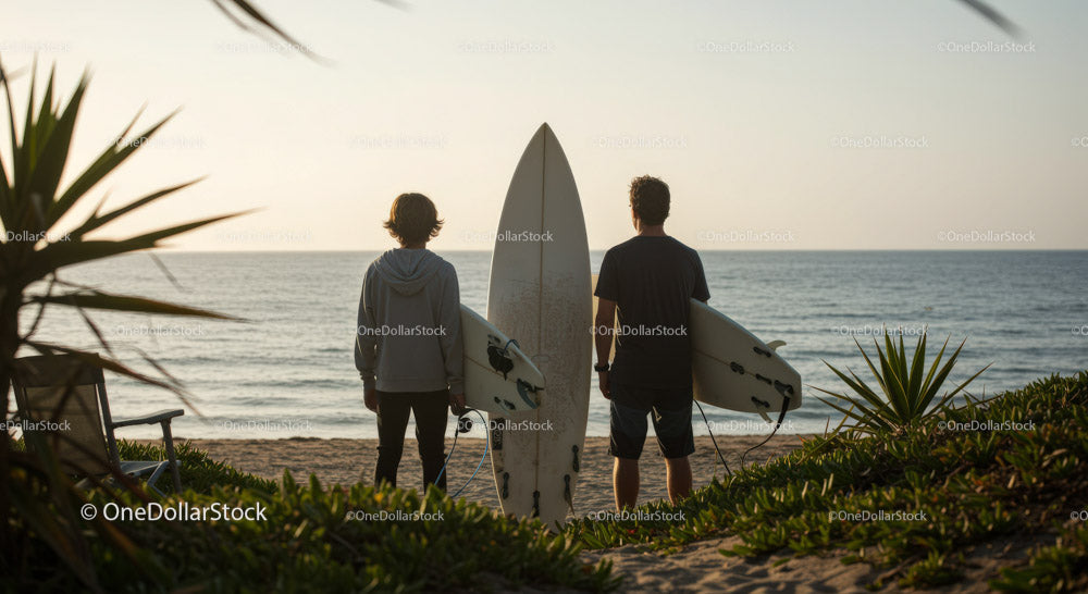 Two Surfers with Surfboards at Beach Ready for Waves