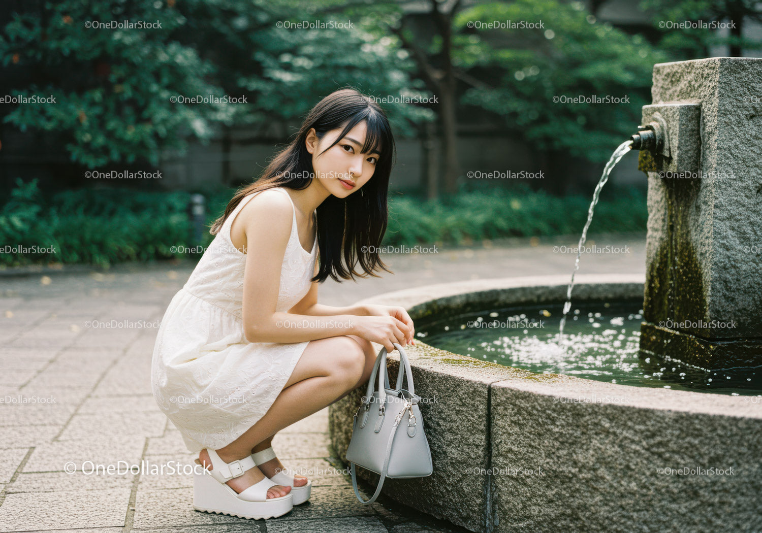 Young Woman in White Dress Relaxing by Fountain in Green Park
