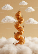 Miniature Figures Climbing Tower of Croissants in Clouds