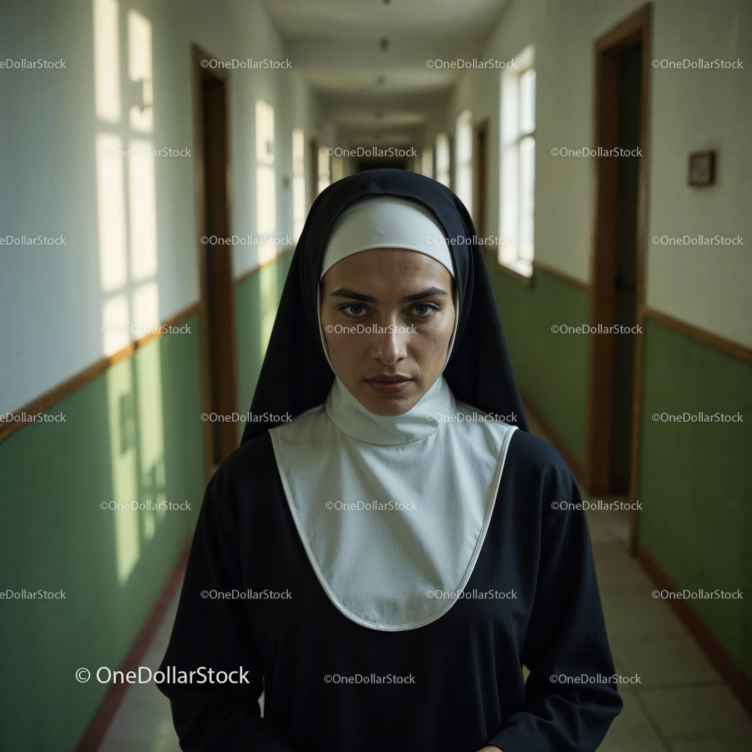 Confident Nurse in Hospital Corridor With Serious Expression