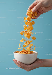 Hand pouring corn flakes into white bowl on blue