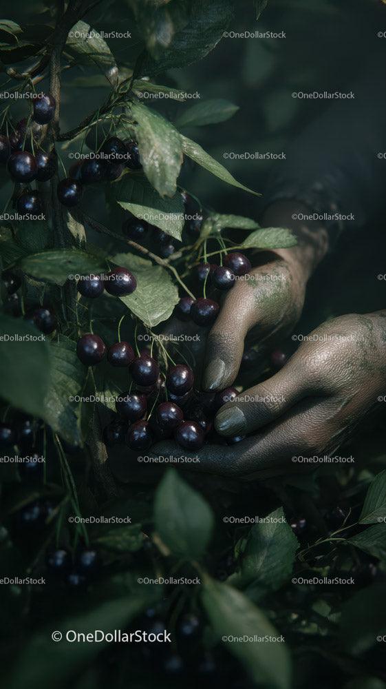 Hand Picking Ripe Dark Cherries on a Lush Green Tree