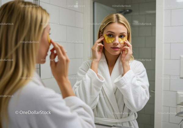 Woman Applying Gel Face Masks in Bathroom Mirror