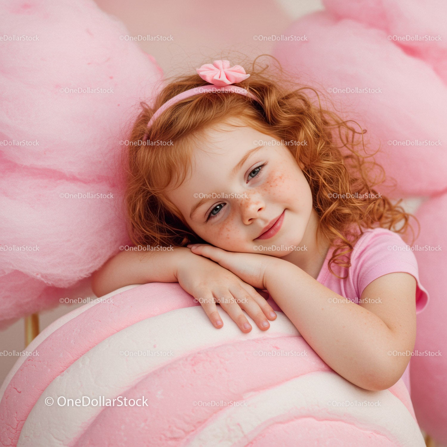 Thoughtful young girl resting on giant pink candy prop