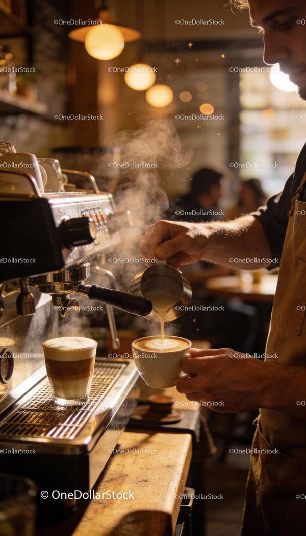 Barista Pouring Steamed Milk Into Fresh Coffee Cup