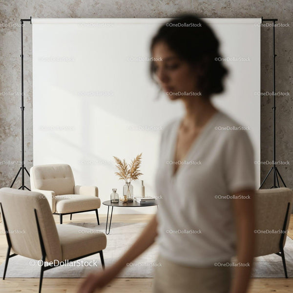Modern cozy living room with neutral decor accents JPG Mockup Image