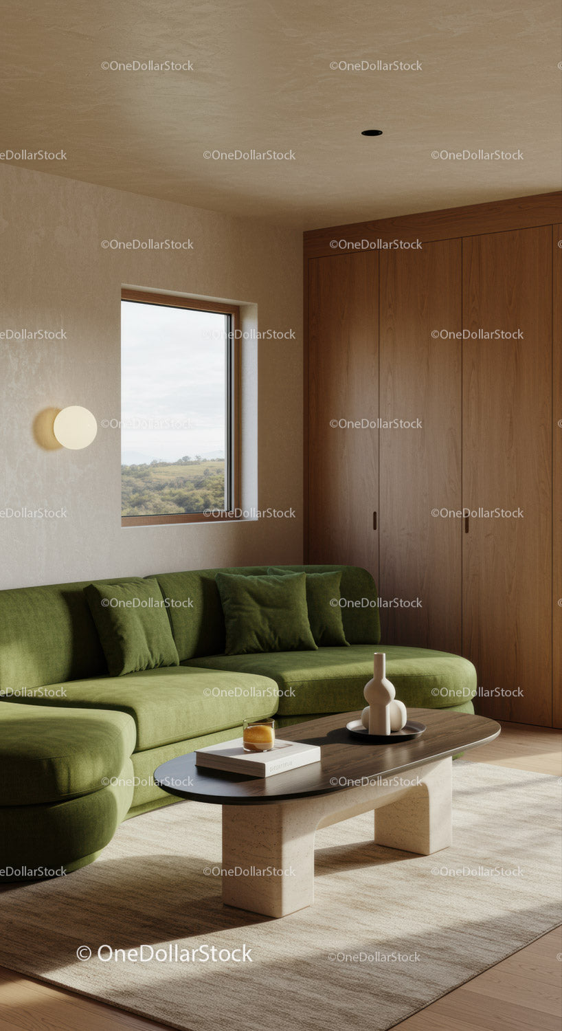 Przytulny salon z zieloną sofą i nowoczesnym wystrojem