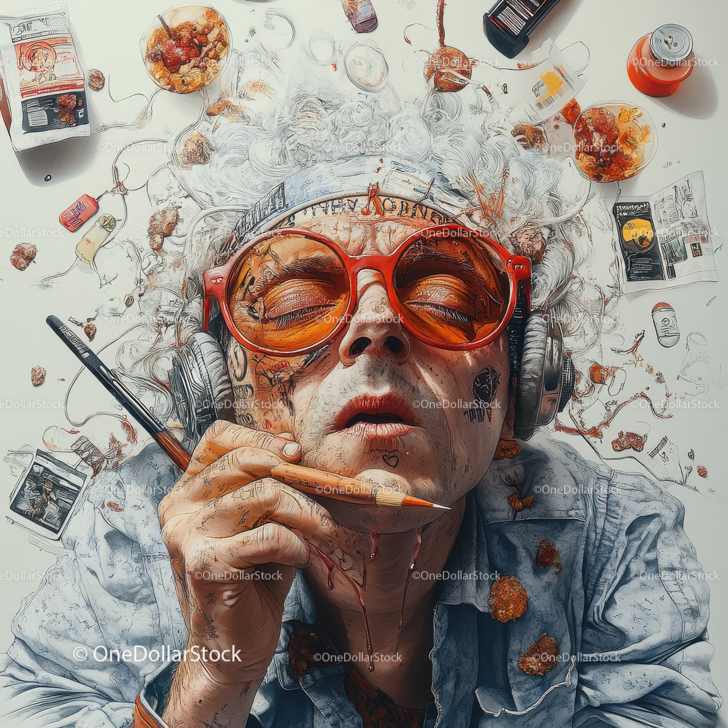 Creative Artist Relaxing Amid Scattered Snacks and Art Supplies