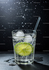 Refreshing sparkling water with lime slice and ice cubes