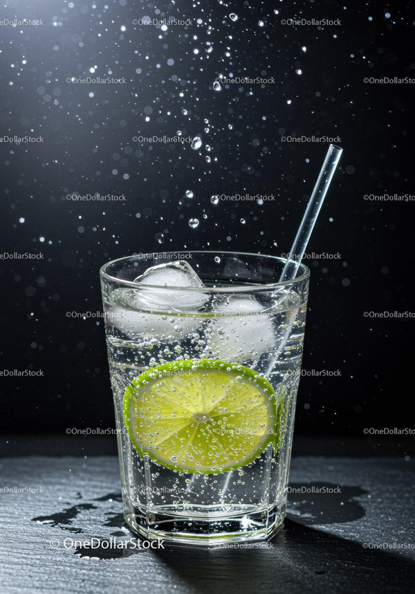 Refreshing sparkling water with lime slice and ice cubes