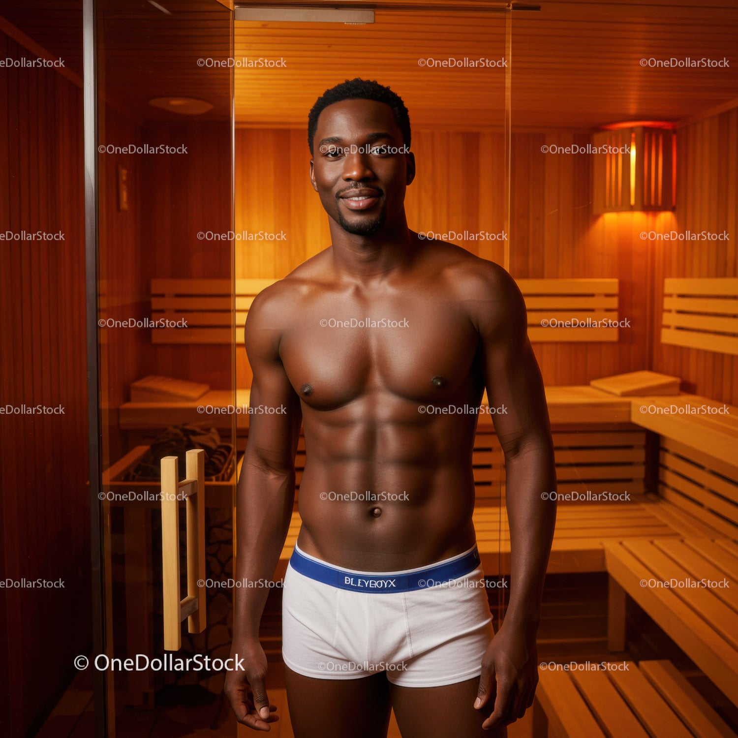 Confident Male Model in Sauna with Wooden Interior and Warm Lighting