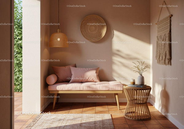 Cozy corner with soft pink daybed and natural decor