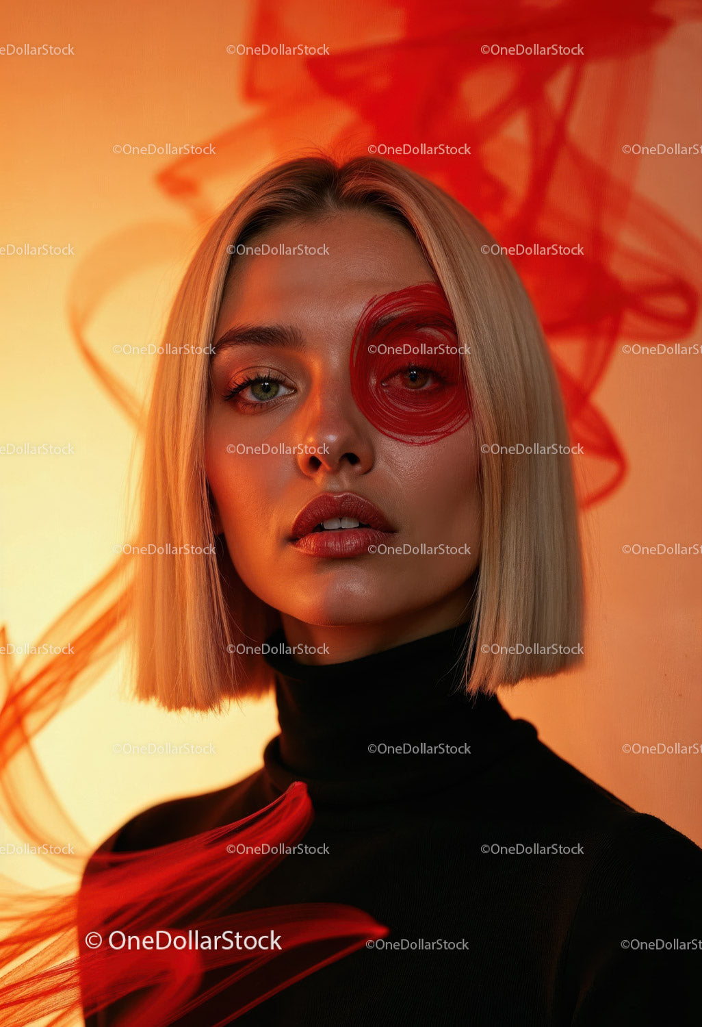 Creative Artistic Makeup Portrait with Red Face Paint and Blonde Hair