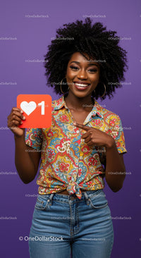 Vibrant Young Woman Holding Like Icon in Bright Casual Outfit