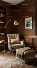 Cozy reading nook with classic armchair and warm lighting