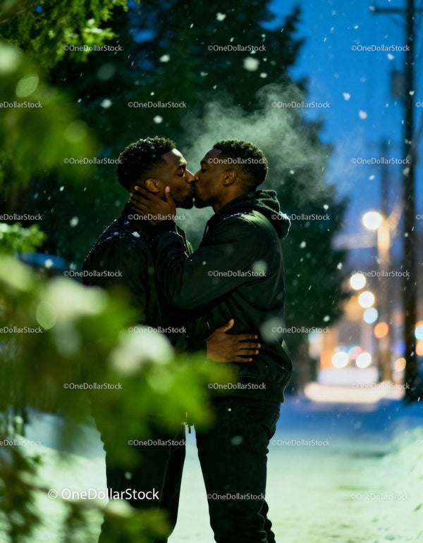Couple sharing a tender kiss on snowy winter evening