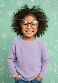 Smiling curly haired child wearing glasses and sweater