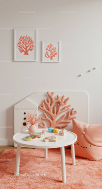 Cozy Children's Room Decor with Coral Art and Playful Toys